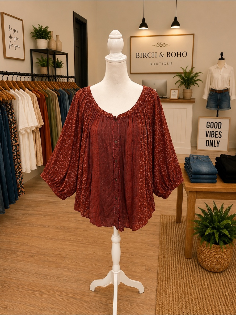 Free People Medium Brown Boho Peasant Top Oversized Dolman Sleeve Raw Seam